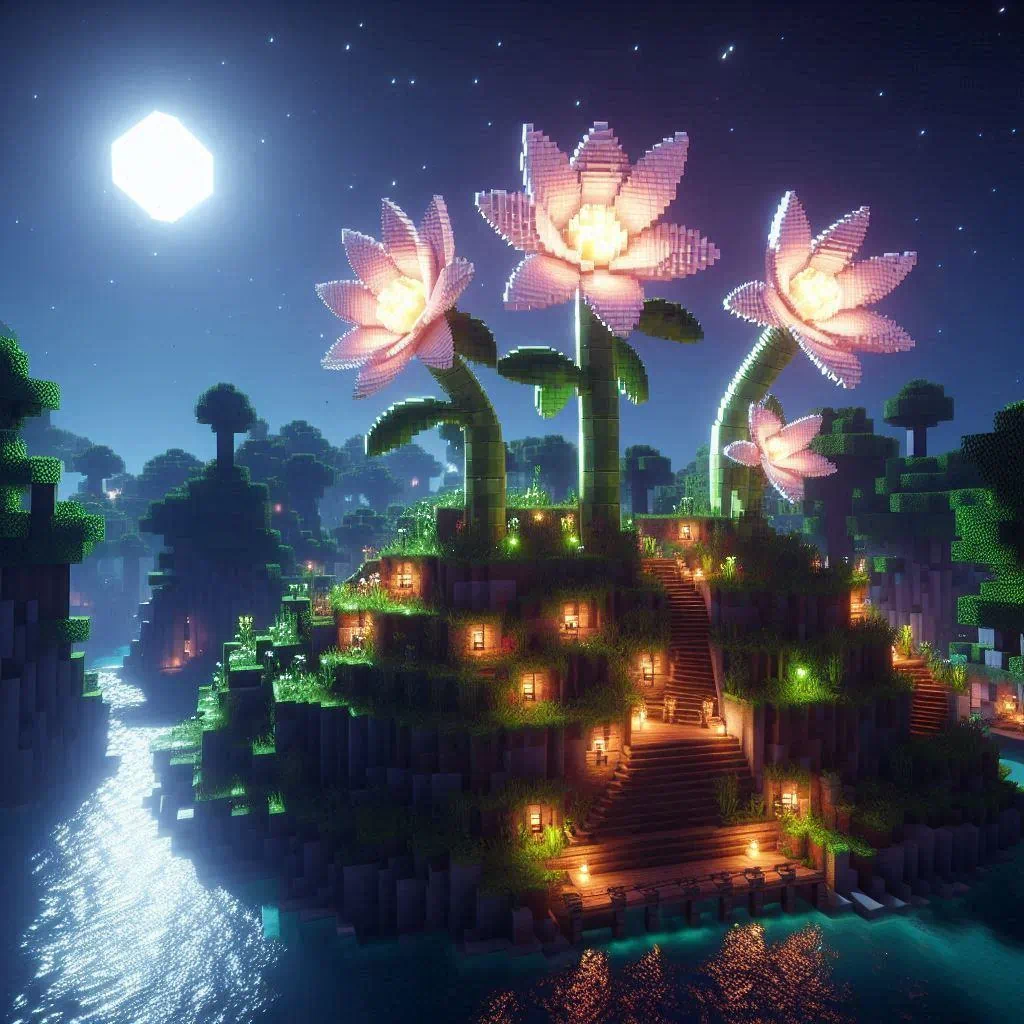 minecraft island with a large glowing flower.