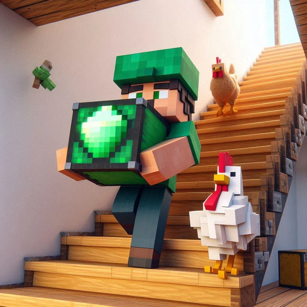 minecraft steve holding an emerald walking down stairs.